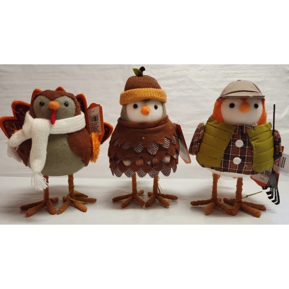 2022 COMPLETE SET 3 Featherly Friends Fall Harvest Fabric Birds Table Top Decor